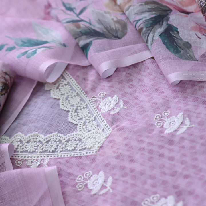 Kamleya Helio Mauve V Neck Lace Work Printed Cotton Linen Suit Set