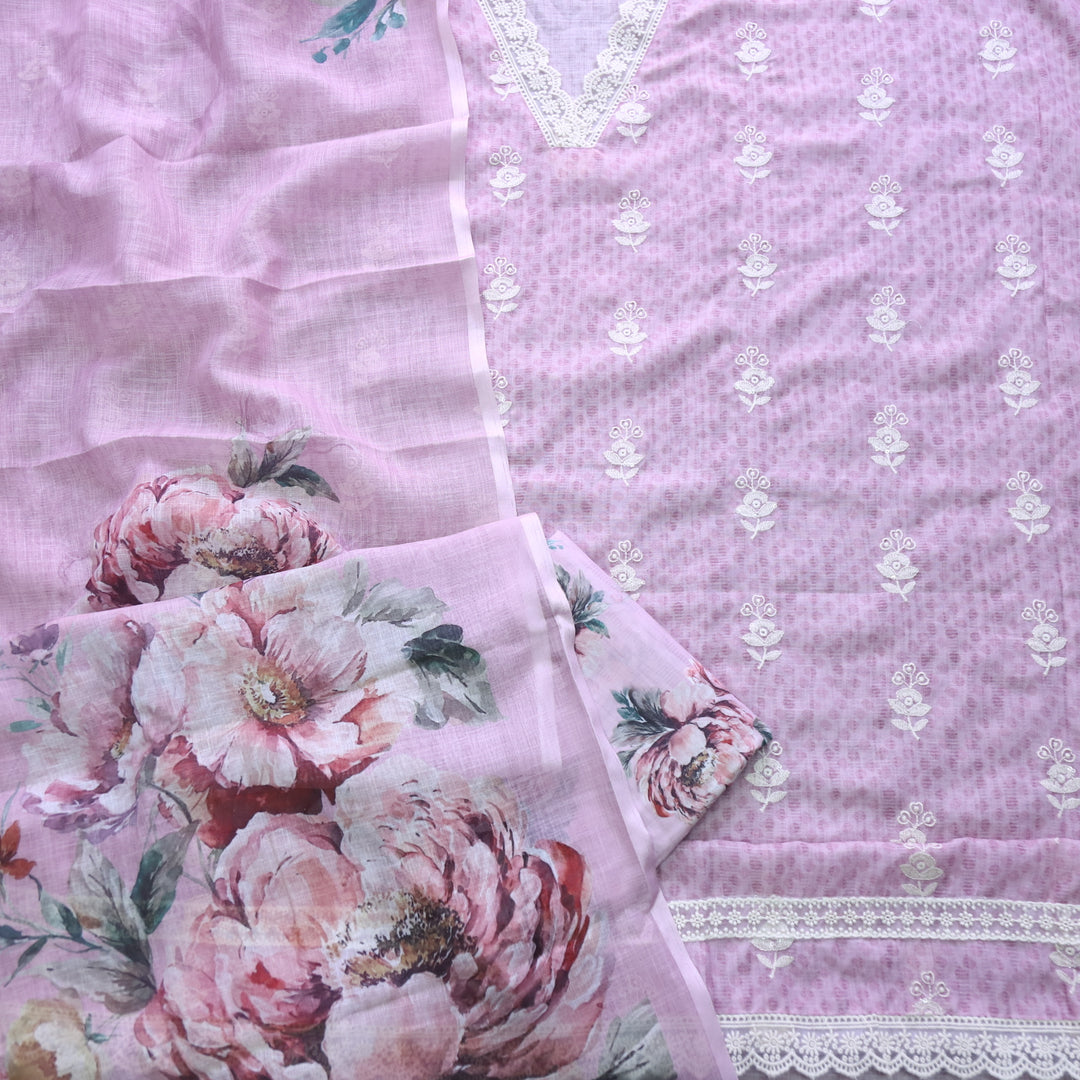 Kamleya Helio Mauve V Neck Lace Work Printed Cotton Linen Suit Set
