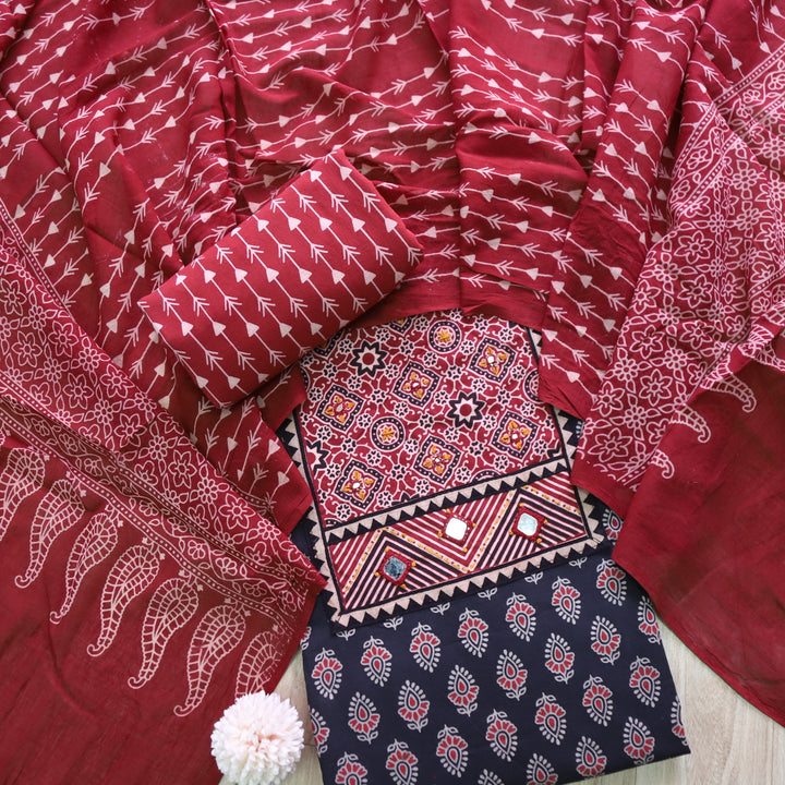 Maduni Night Black Mirror Work with Ajrak Printed Cotton Suit Set D1