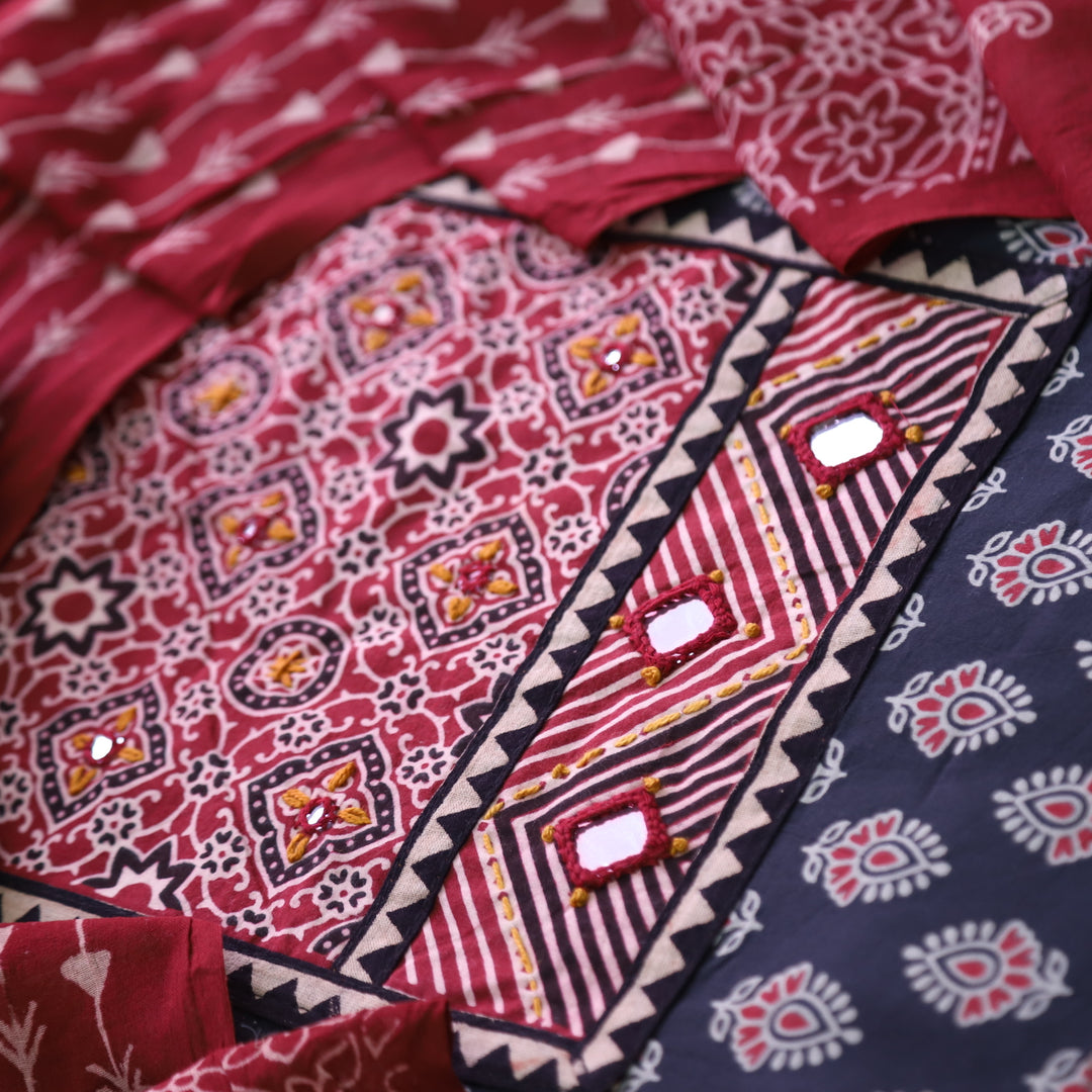 Maduni Night Black Mirror Work with Ajrak Printed Cotton Suit Set D1