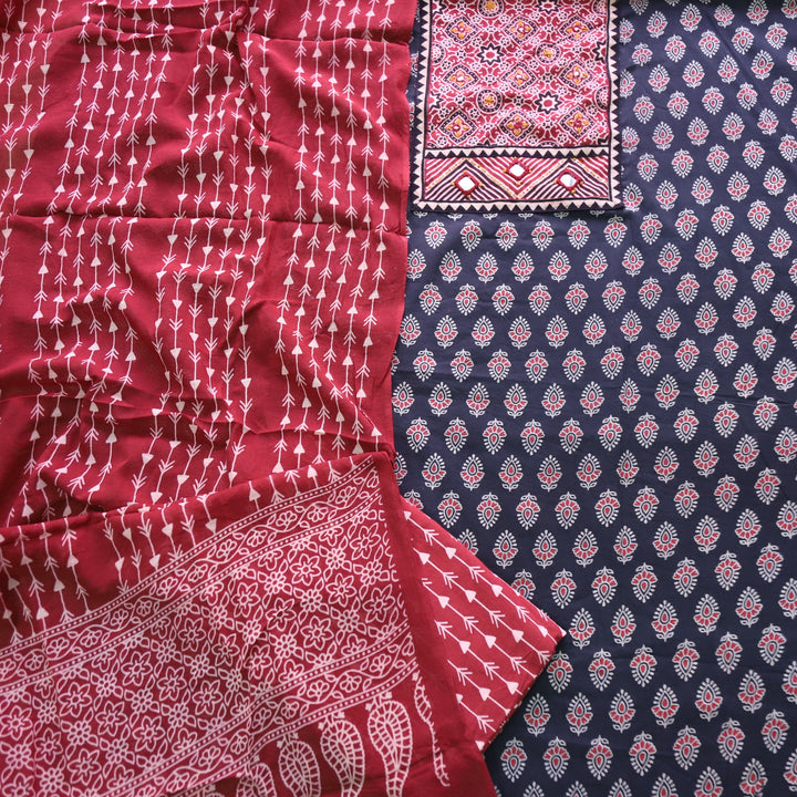 Maduni Night Black Mirror Work with Ajrak Printed Cotton Suit Set D1