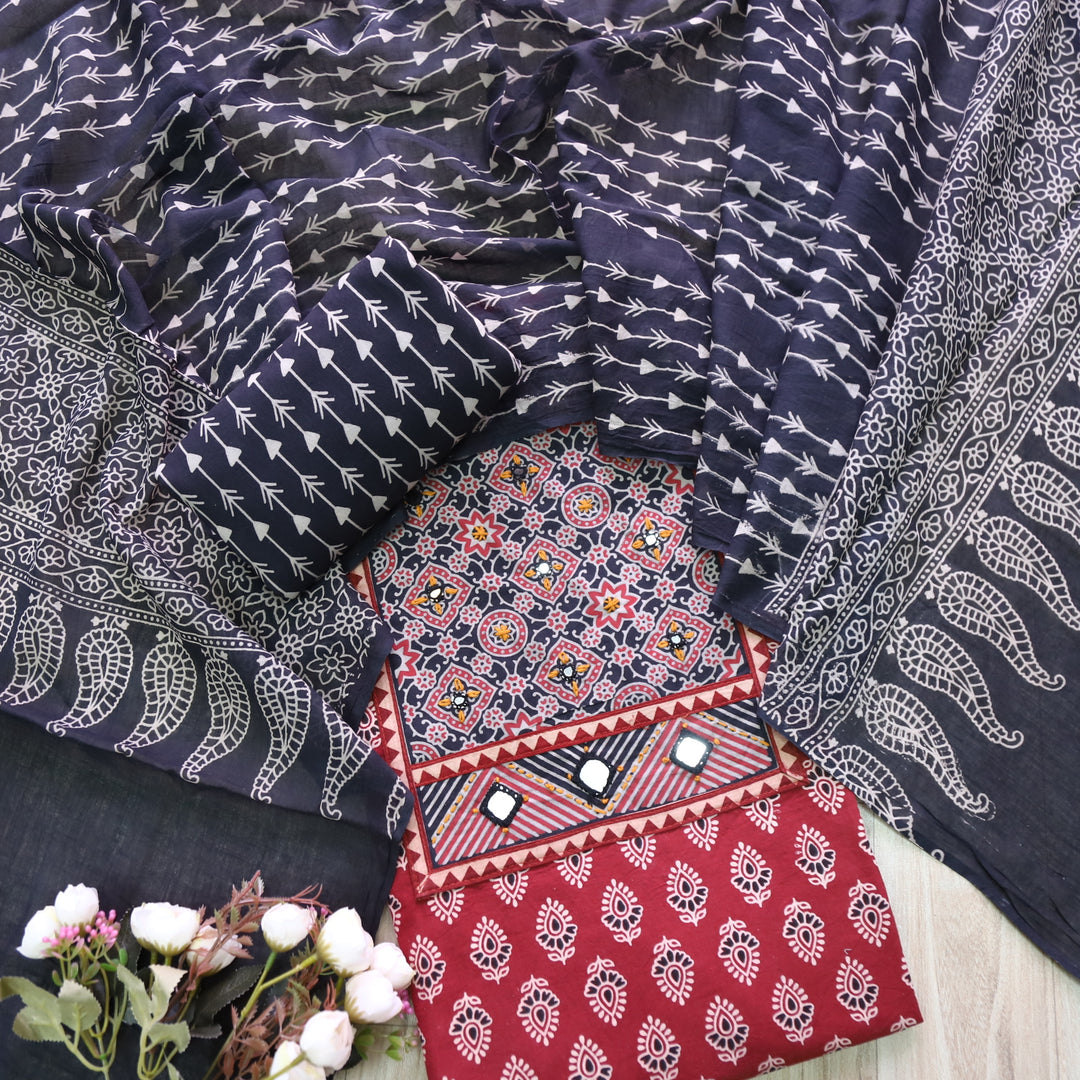 Maduni Cherry Red Mirror Work with Ajrak Printed Cotton Suit Set D1