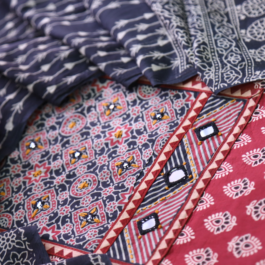 Maduni Cherry Red Mirror Work with Ajrak Printed Cotton Suit Set D1