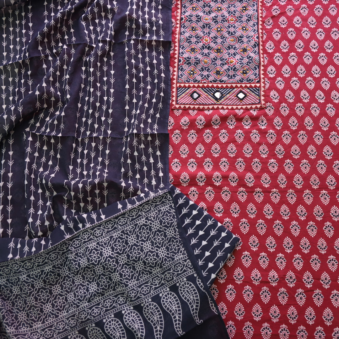 Maduni Cherry Red Mirror Work with Ajrak Printed Cotton Suit Set D1