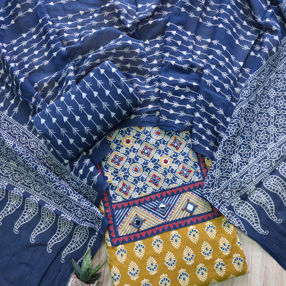 Maduni Canary Yellow Mirror Work with Ajrak Printed Cotton Suit Set D1