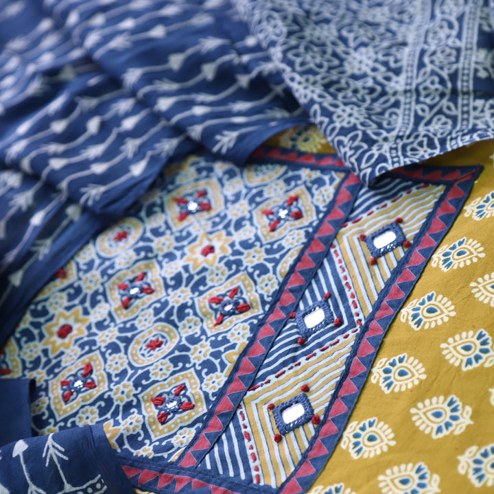 Maduni Canary Yellow Mirror Work with Ajrak Printed Cotton Suit Set D1