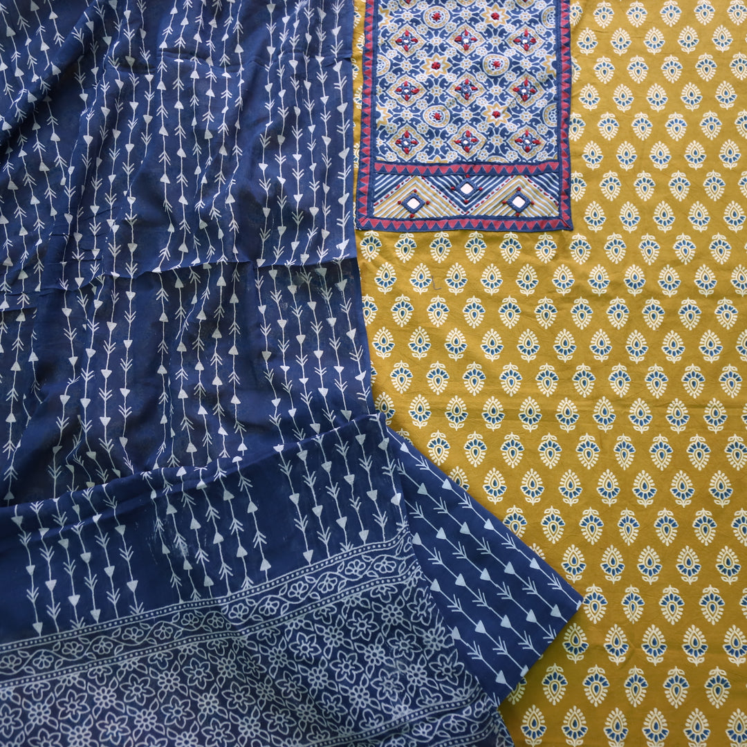 Maduni Canary Yellow Mirror Work with Ajrak Printed Cotton Suit Set D1