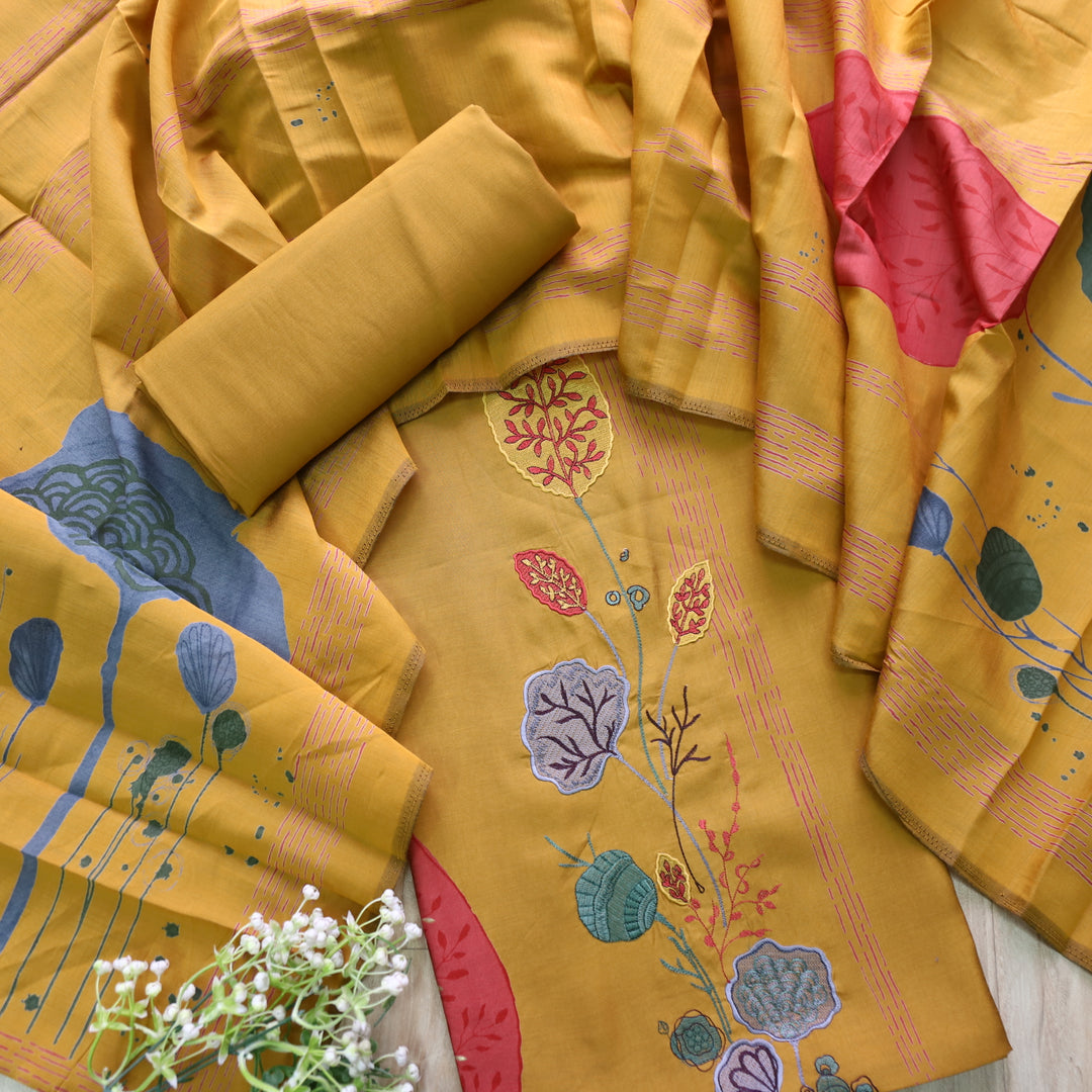 Rubiya Dandelion Yellow Floral Thread Work Modal Suit Set