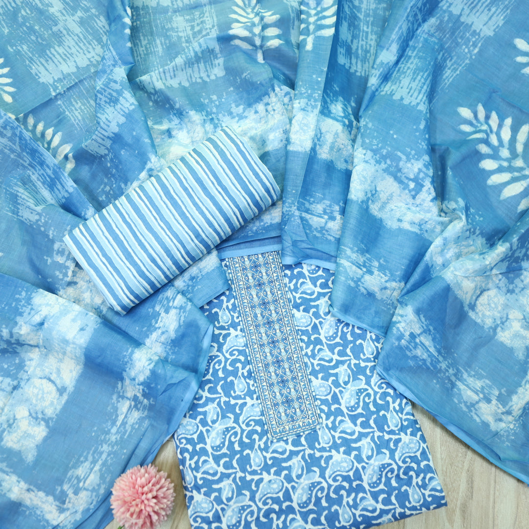 Kashish Light Blue Neck Patch Work All Over Printed Jam Cotton Suit Set D1