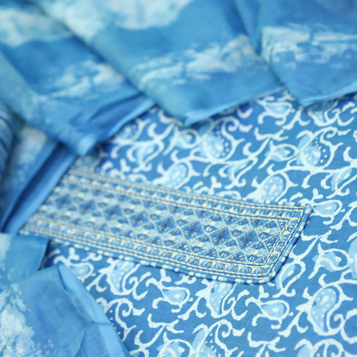 Kashish Light Blue Neck Patch Work All Over Printed Jam Cotton Suit Set D1