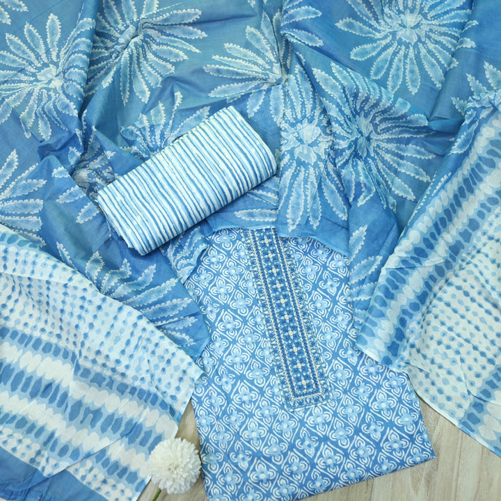 Kashish Light Blue Neck Patch Work All Over Printed Jam Cotton Suit Set D2