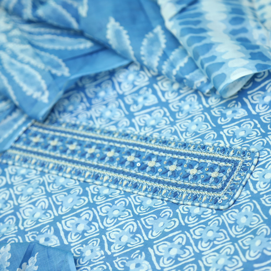 Kashish Light Blue Neck Patch Work All Over Printed Jam Cotton Suit Set D2