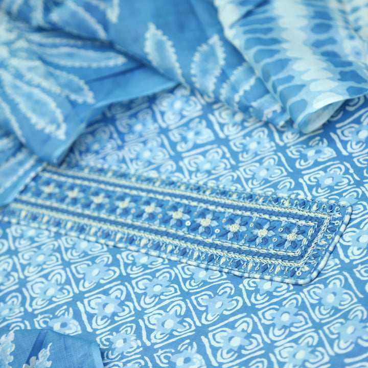 Kashish Light Blue Neck Patch Work All Over Printed Jam Cotton Suit Set D2
