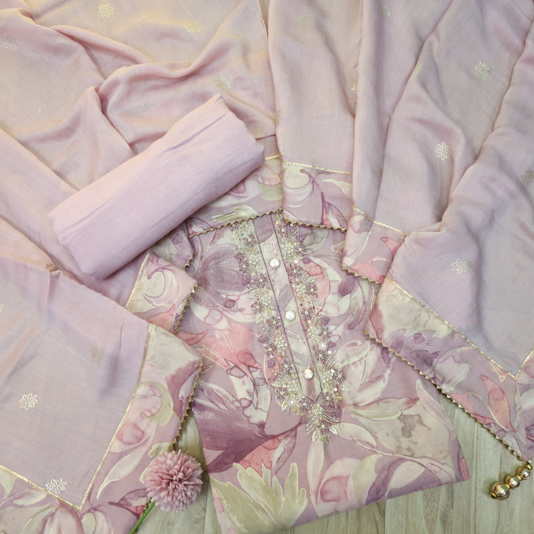 Manzeel Mauve Purple Printed Muslin Top With Cotton Silk Dupatta