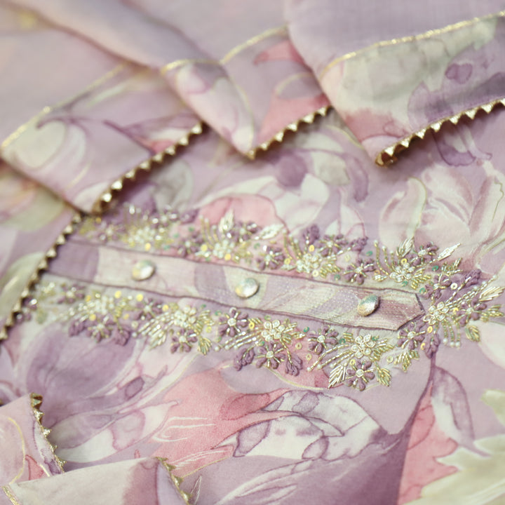 Manzeel Mauve Purple Printed Muslin Top With Cotton Silk Dupatta