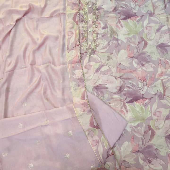 Manzeel Mauve Purple Printed Muslin Top With Cotton Silk Dupatta