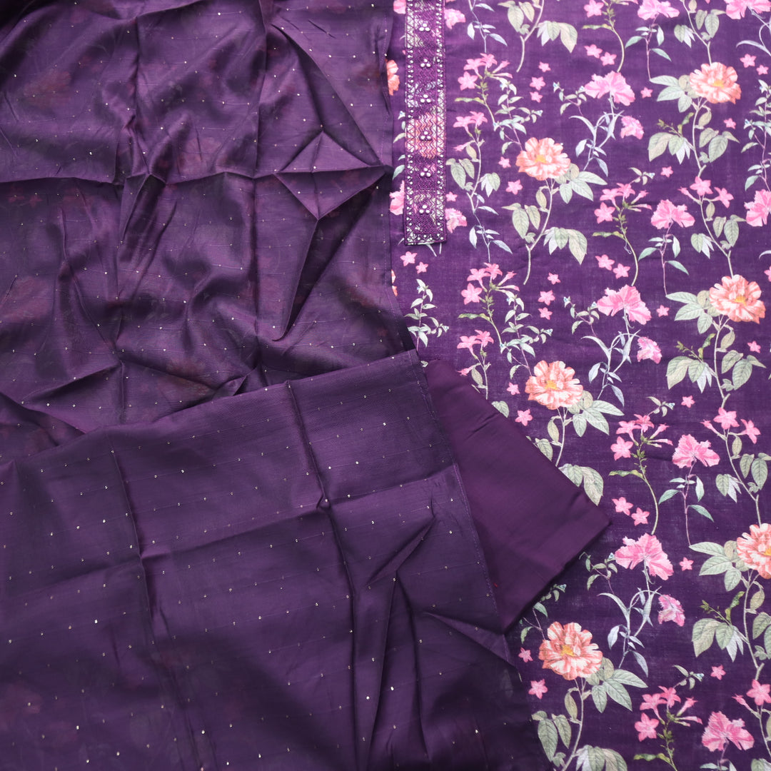 Shiddat Eggplant Purple Digital Floral Printed Cotton Linen Suit Set-D3