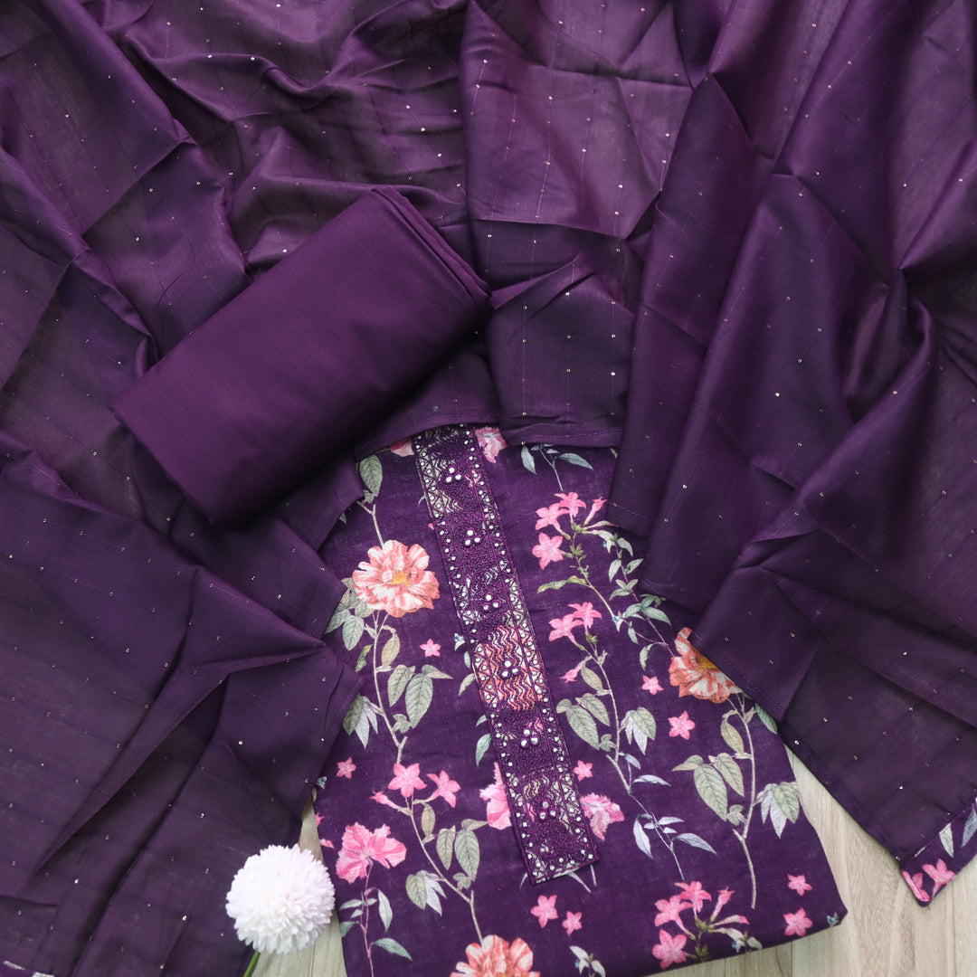 Shiddat Eggplant Purple Digital Floral Printed Cotton Linen Suit Set-D3