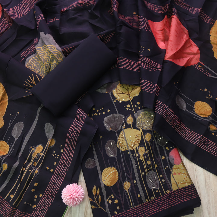 Rubiya Midnight Black Floral Thread Work Modal Suit Set