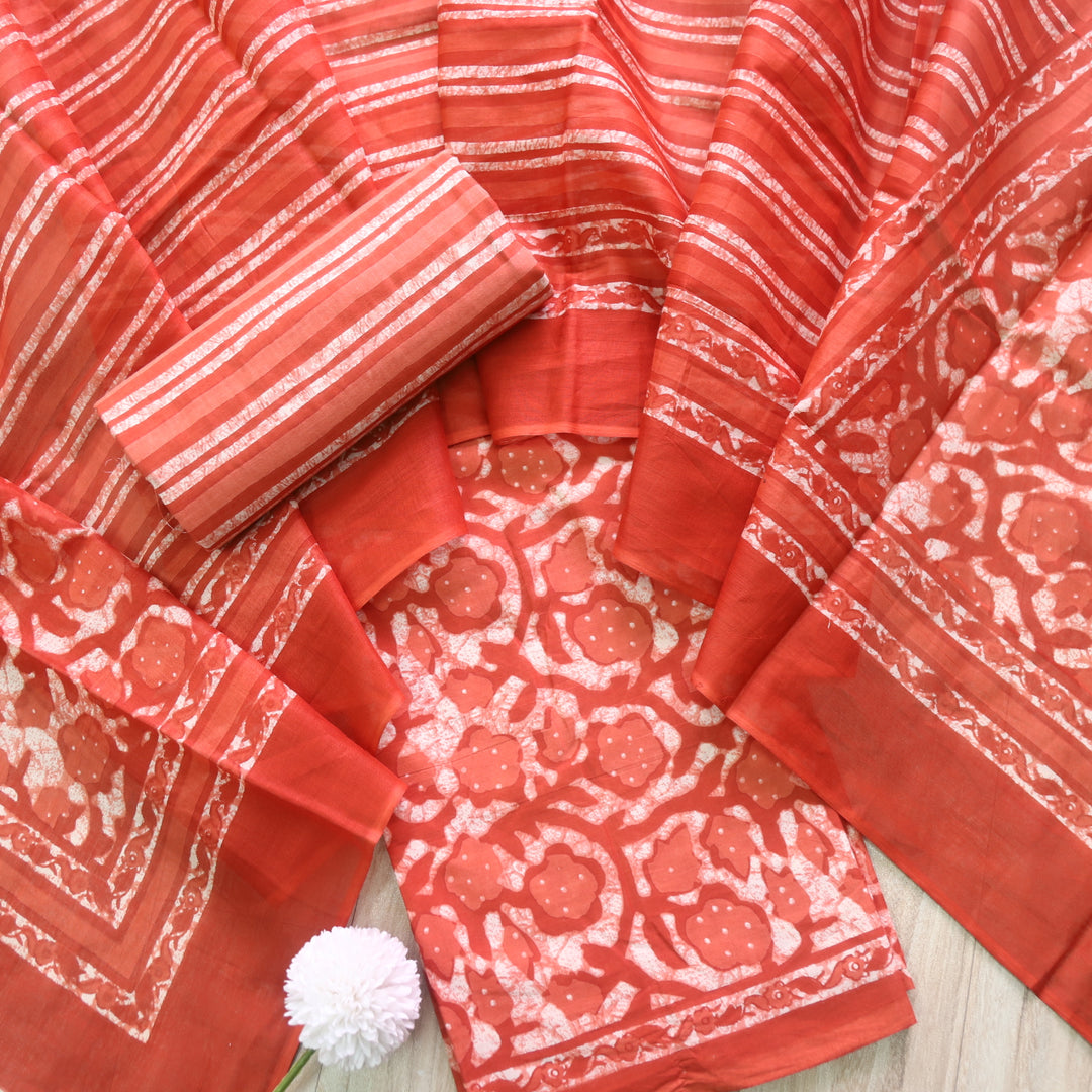 Shringaar Rust Red Floral Printed Cotton Top with Cotton Dupatta Suit Set D2