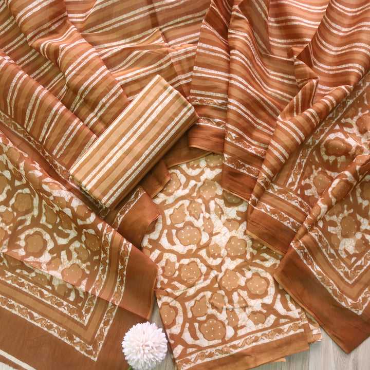 Shringaar Brown Floral Printed Cotton Top with Cotton Dupatta Suit Set D2