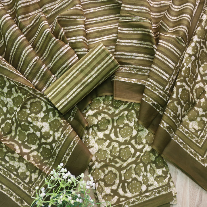 Shringaar Forest Green Floral Printed Cotton Top with Cotton Dupatta Suit Set-D2