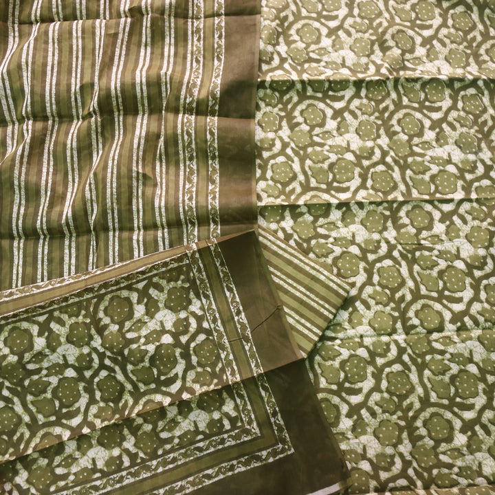 Shringaar Forest Green Floral Printed Cotton Top with Cotton Dupatta Suit Set-D2