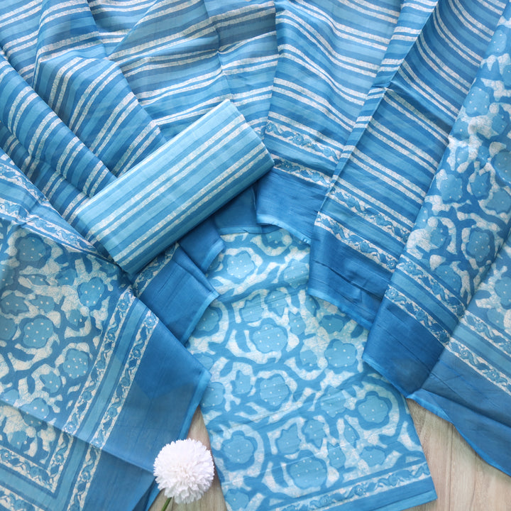 Shringaar Sapphire Blue Floral Printed Cotton Top with Cotton Dupatta Suit Set