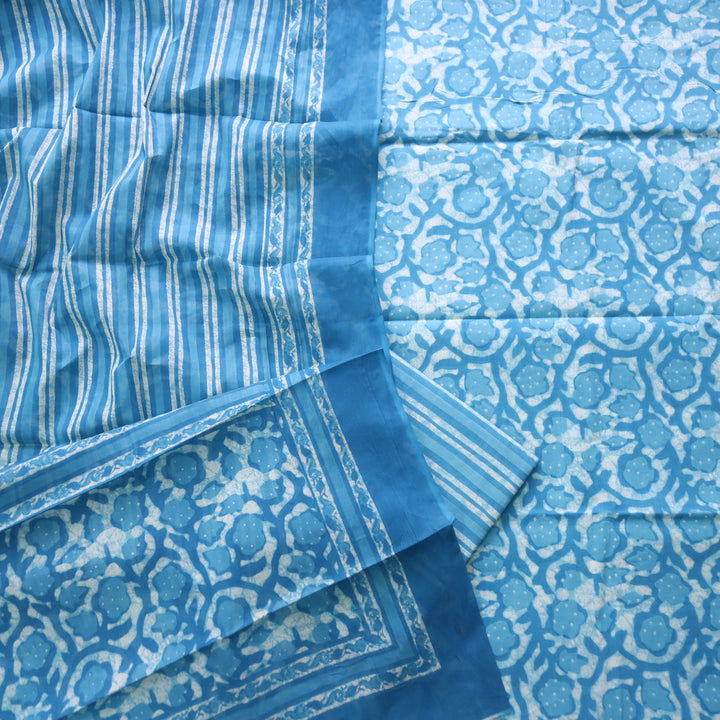 Shringaar Sapphire Blue Floral Printed Cotton Top with Cotton Dupatta Suit Set