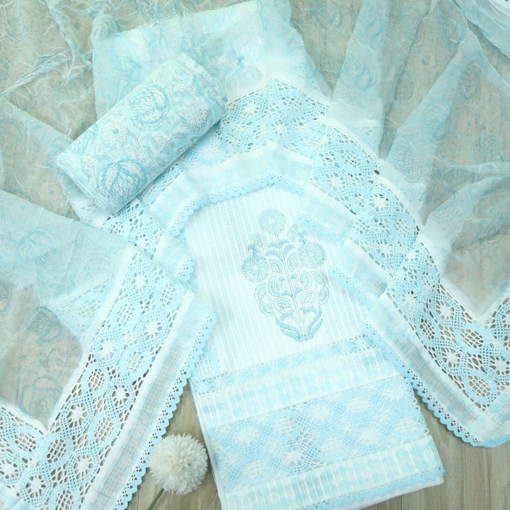 Sahiba Baby Blue Kota Doriya Top with Chiffon Hand Painted Dupatta Set