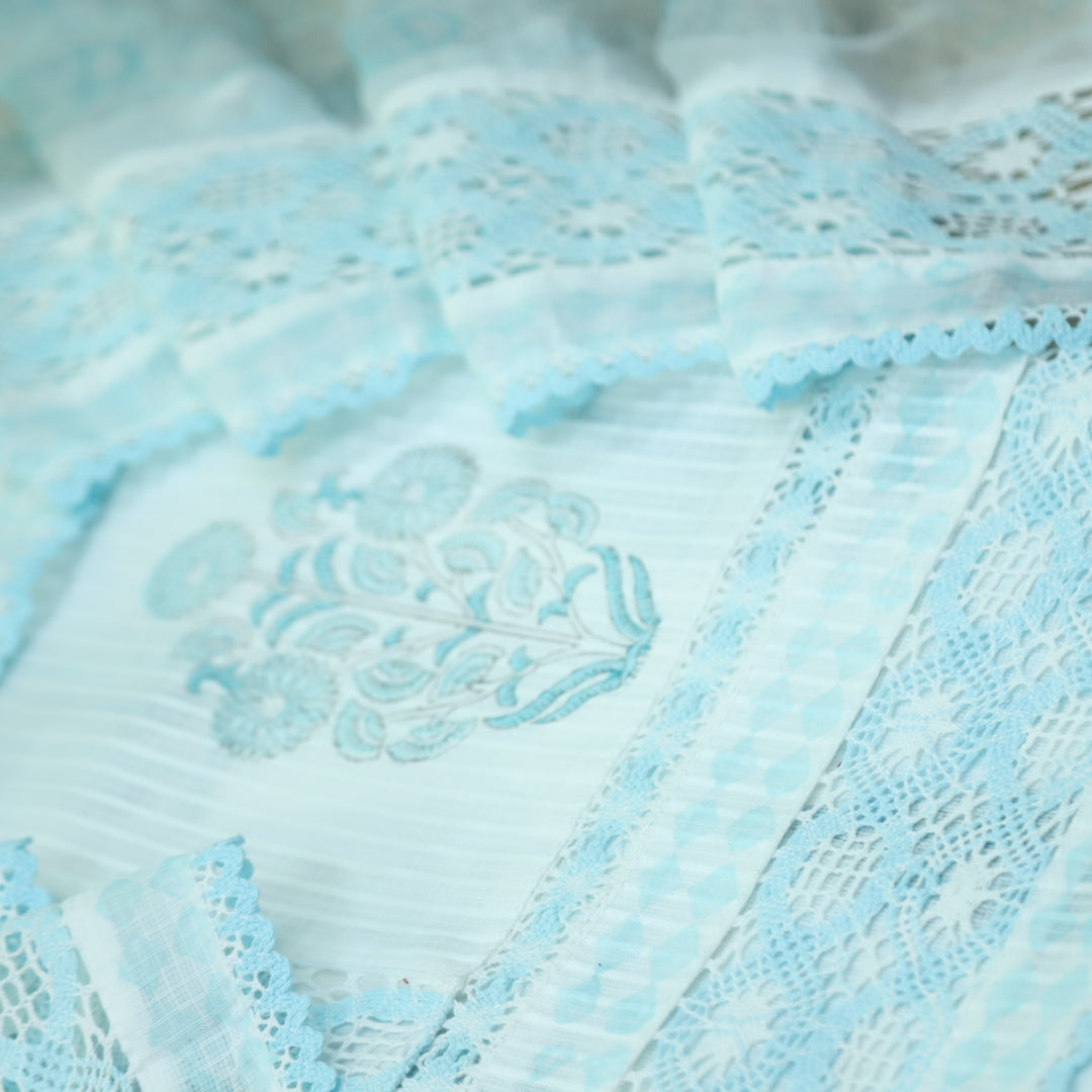 Sahiba Baby Blue Kota Doriya Top with Chiffon Hand Painted Dupatta Set