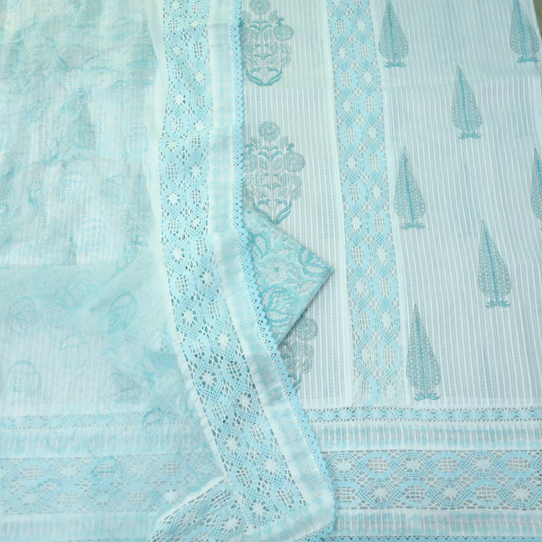 Sahiba Baby Blue Kota Doriya Top with Chiffon Hand Painted Dupatta Set