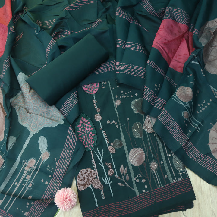 Rubiya Sacramento Green Floral Thread Work Modal Suit Set