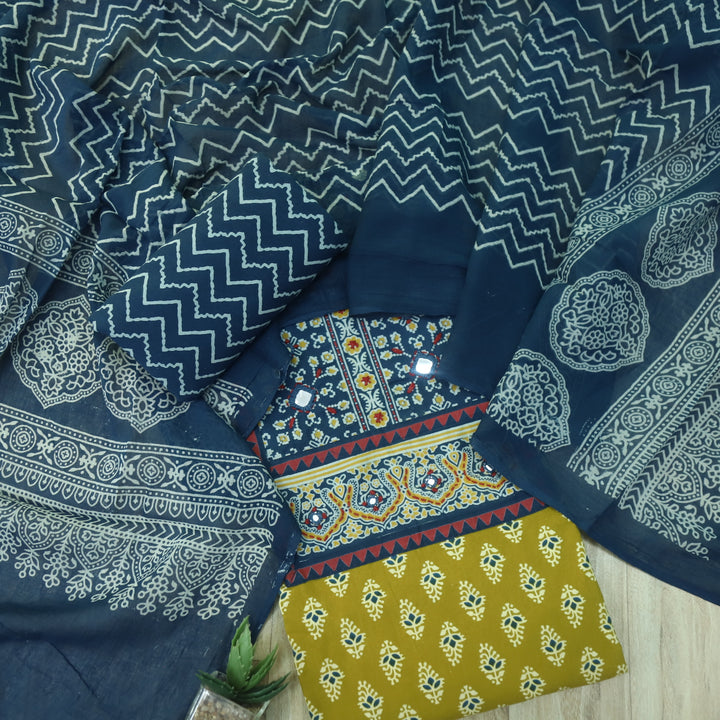 Maduni Canary Yellow Mirror Work with Ajrak Printed Cotton Suit Set D3