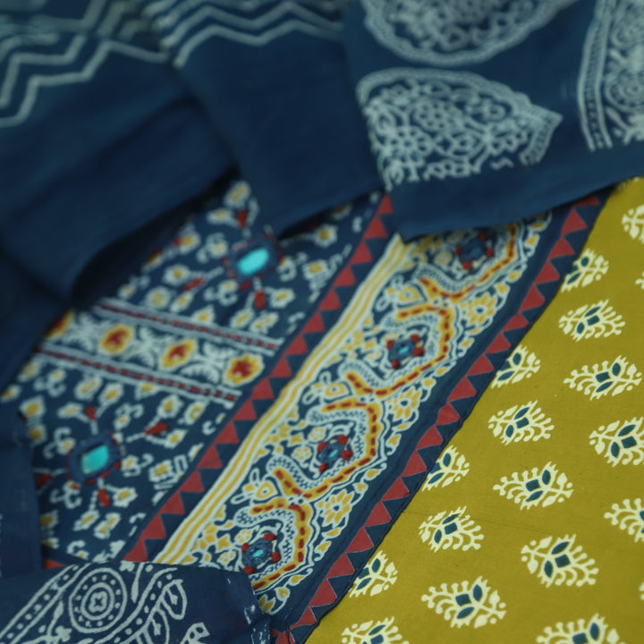 Maduni Canary Yellow Mirror Work with Ajrak Printed Cotton Suit Set D3