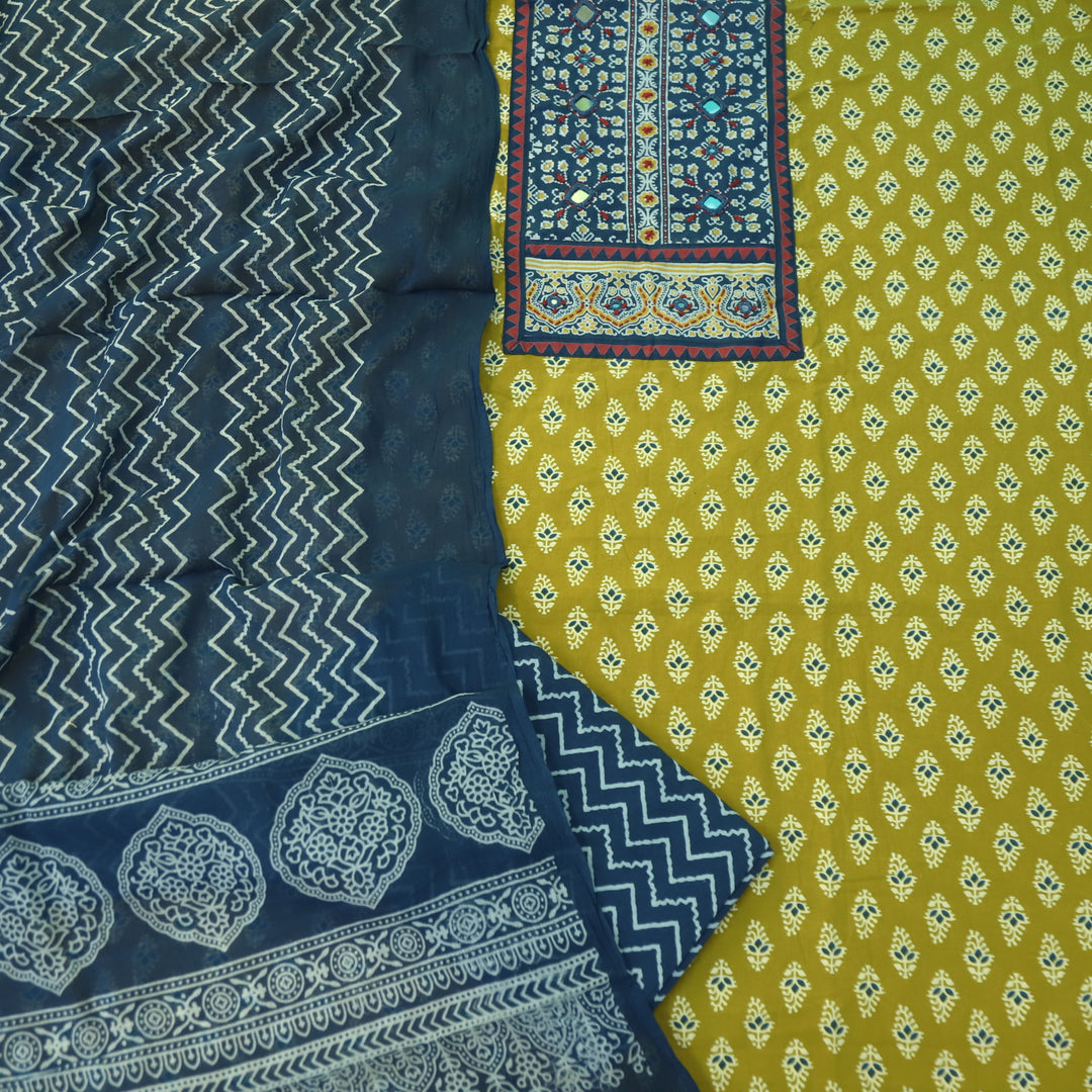 Maduni Canary Yellow Mirror Work with Ajrak Printed Cotton Suit Set D3