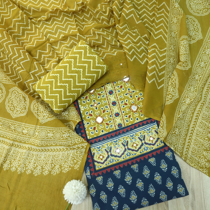 Maduni Azure Blue Mirror Work with Ajrak Printed Cotton Suit Set D3