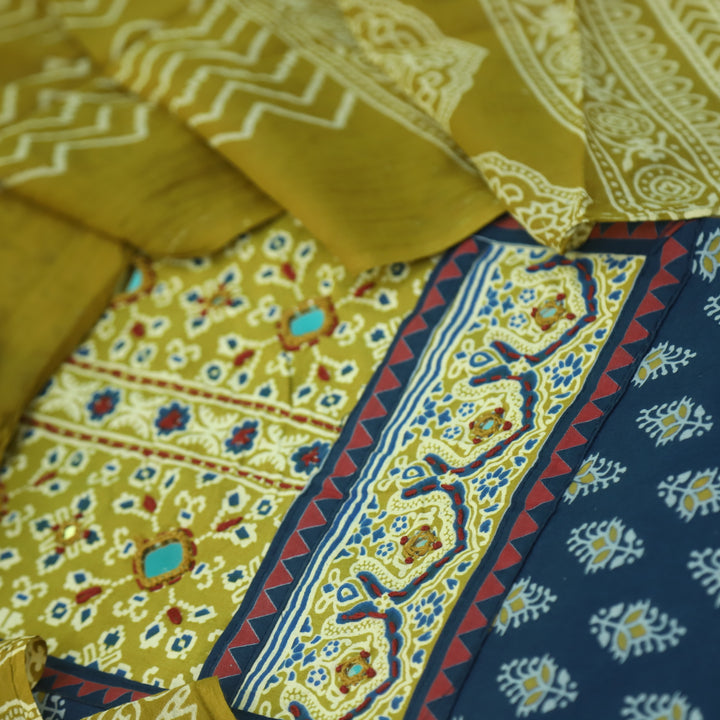 Maduni Azure Blue Mirror Work with Ajrak Printed Cotton Suit Set D3