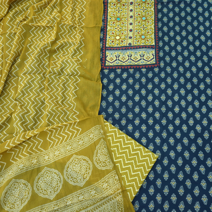 Maduni Azure Blue Mirror Work with Ajrak Printed Cotton Suit Set D3
