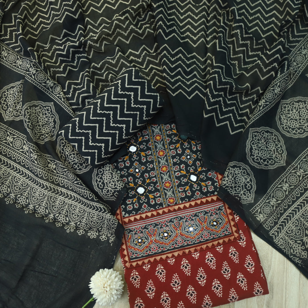 Maduni Cherry Red Mirror Work with Ajrak Printed Cotton Suit Set D3