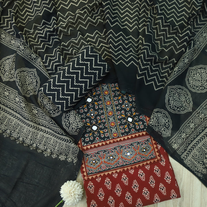Maduni Cherry Red Mirror Work with Ajrak Printed Cotton Suit Set D3