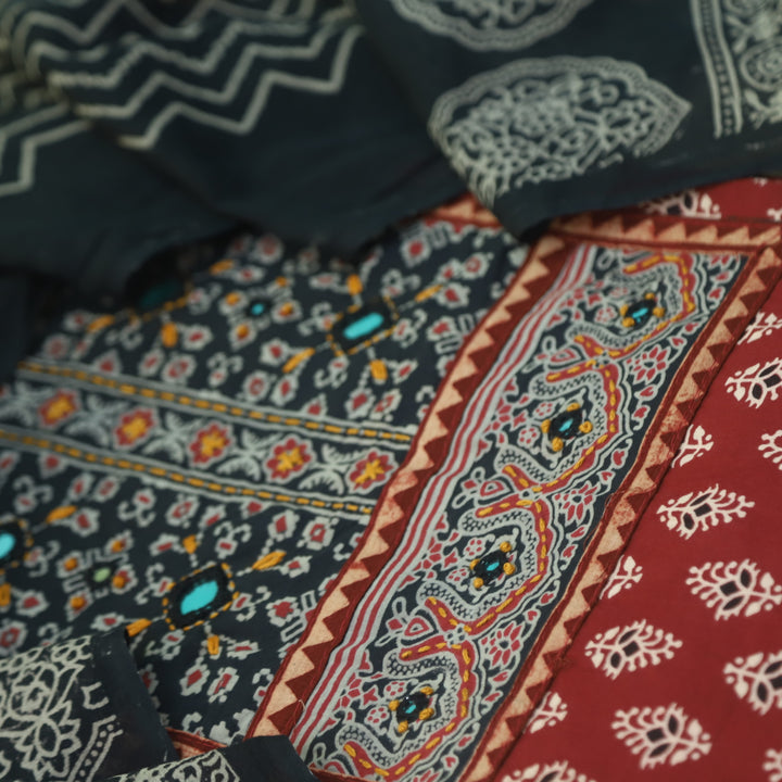 Maduni Cherry Red Mirror Work with Ajrak Printed Cotton Suit Set D3