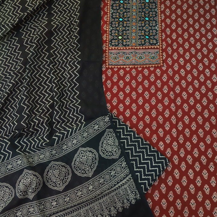 Maduni Cherry Red Mirror Work with Ajrak Printed Cotton Suit Set D3
