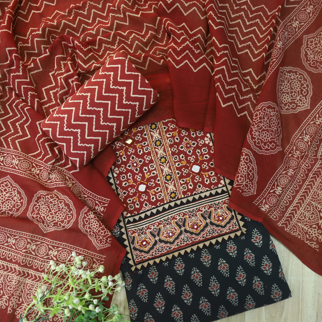 Maduni Night Black Mirror Work with Ajrak Printed Cotton Suit Set D3
