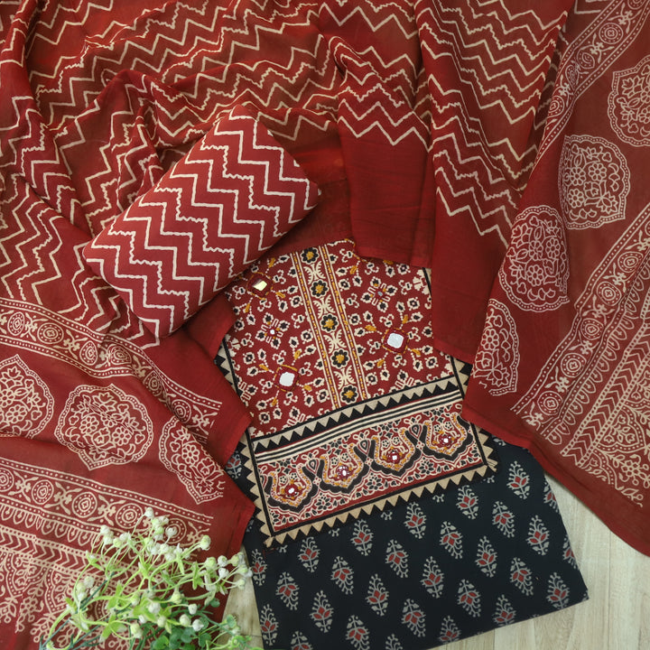 Maduni Night Black Mirror Work with Ajrak Printed Cotton Suit Set D3