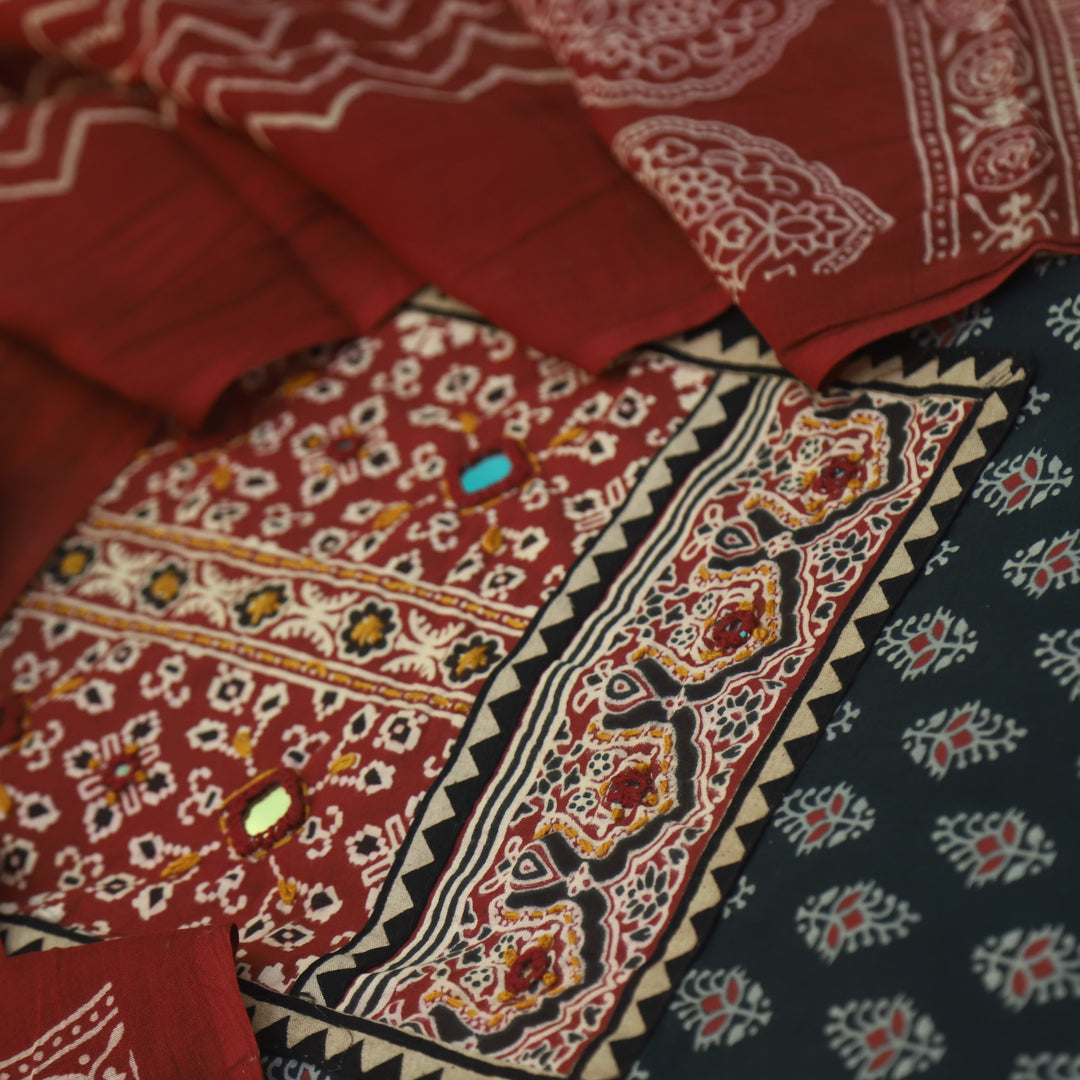 Maduni Night Black Mirror Work with Ajrak Printed Cotton Suit Set D3