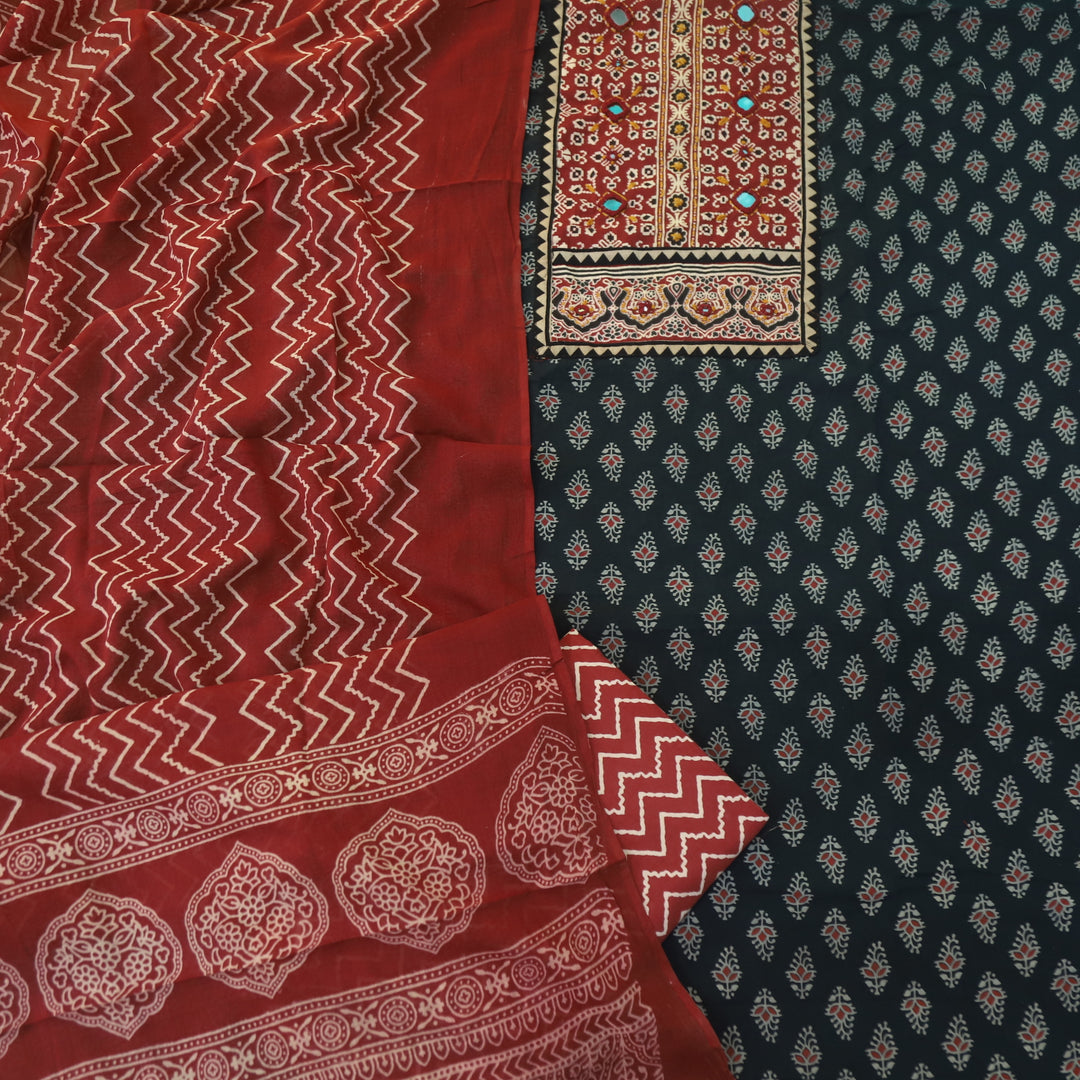 Maduni Night Black Mirror Work with Ajrak Printed Cotton Suit Set D3