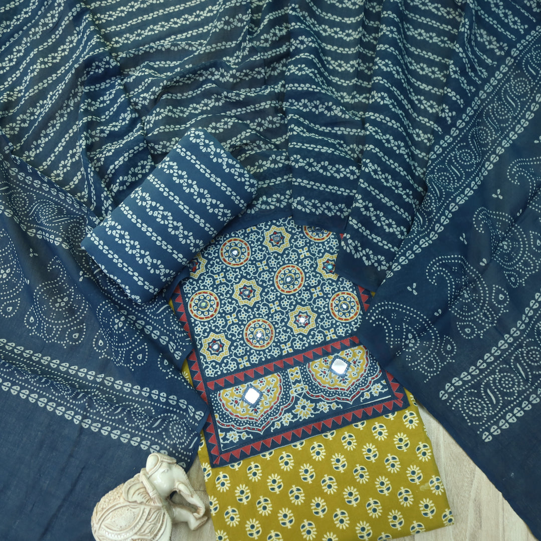 Maduni Canary Yellow Mirror Work with Ajrak Printed Cotton Suit Set D2