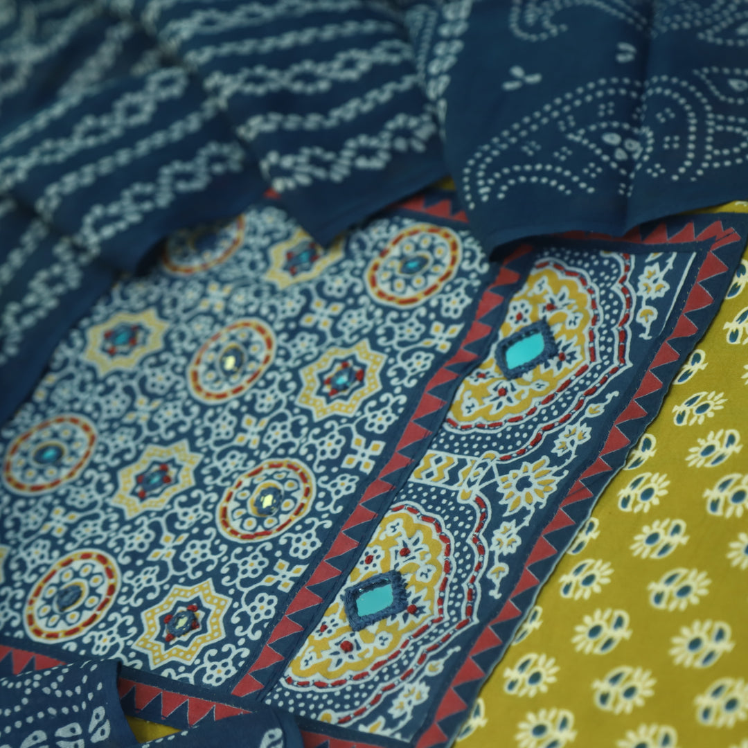 Maduni Canary Yellow Mirror Work with Ajrak Printed Cotton Suit Set D2