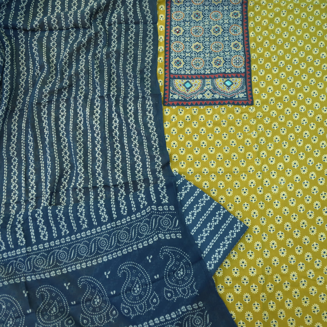 Maduni Canary Yellow Mirror Work with Ajrak Printed Cotton Suit Set D2